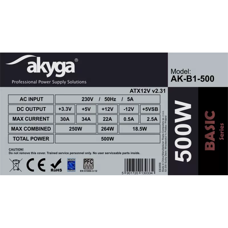 Maitinimo blokas Akyga AK-B1-500, 500 W, ATX 2.31, 20+4 kontaktų, 120 mm ventiliatorius, nemodulinis
