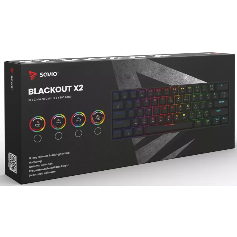 Mechaninė žaidimų klaviatūra SAVIO JuodaOUT X2 BROWN, 61 klavišų, 60 %, USB, QWERTY, RGB, Outemu Brown