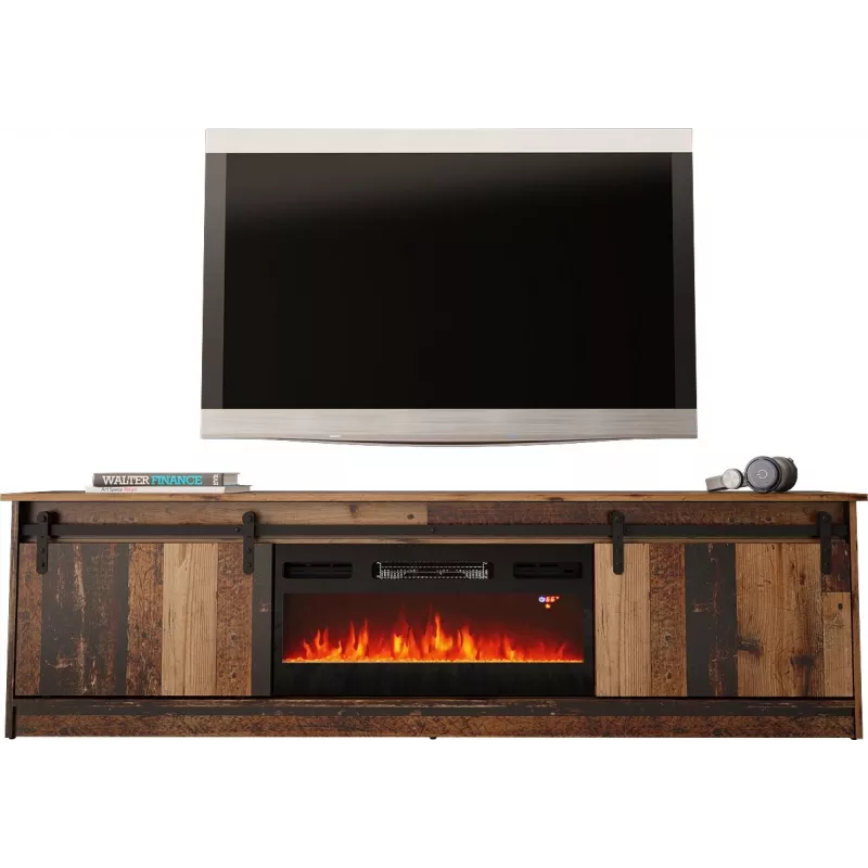 TV spintelė Cama Meble GRANERO su židinio spintele, 2000×567×350 mm, medžio drožlių plokštė / MDF, 2 stumdomos durys, sendinto medžio imitacijos matinis