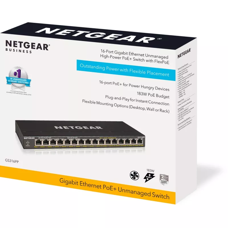 NETGEAR GS316PP Nevaldomas Gigabit Ethernet (10/100/1000) Maitinimas per Ethernet (PoE) Juoda