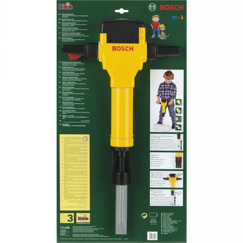 Theo Klein 8405 Bosch plaktukas gręžtuvas I maitinamas baterijomis grąžto judėjimas aukštyn-žemyn I su variklio garsu ir mirksinčia lempute I matmenys: 28 cm x 7 cm