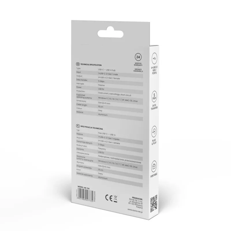 USB šakotuvas SAVIO AK-54 — 4 x USB-A (USB 3.2 Gen 1), USB-C pagrindinis, juodas
