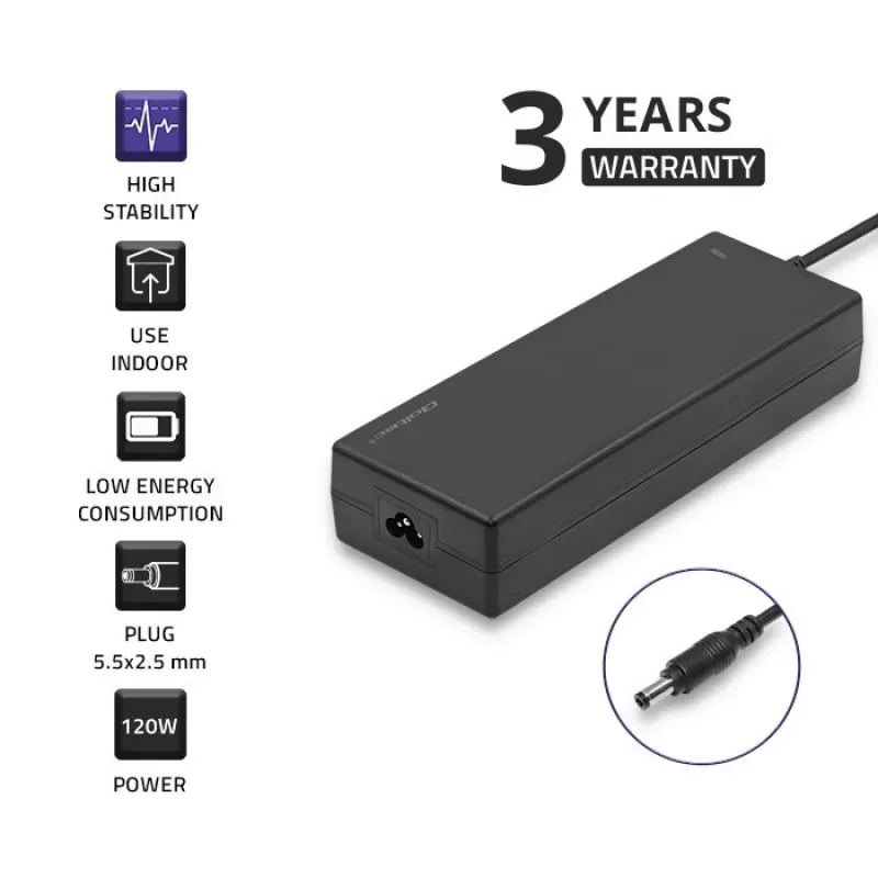 Qoltec 120W stalinis maitinimo blokas | 12V | 10A | 5.5*2.5 | + maitinimo laidas