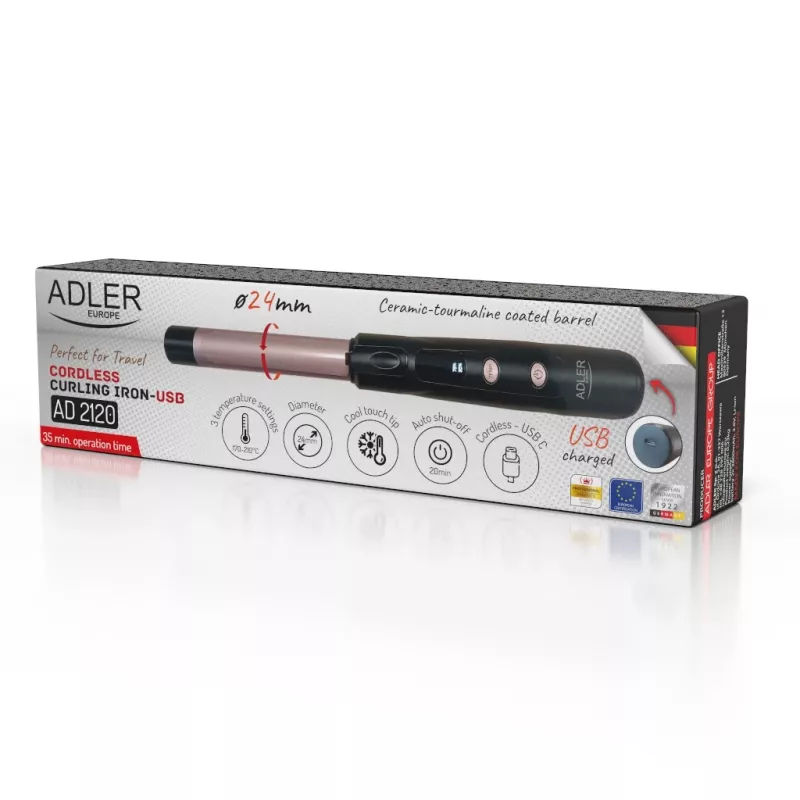Belaidis garbanojimo lygintuvas Adler AD 2120 — 2,4 cm keraminis-turmalino vamzdelis, LED ekranas, iki 170–210 °C, pakraunamas 2×2600 mAh
