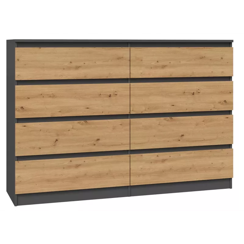 Komoda top e shop M8 140 ANT/ART — 8 stalčiai, antracito/ąžuolo, 1380×400×970 mm, medžio drožlių plokštė