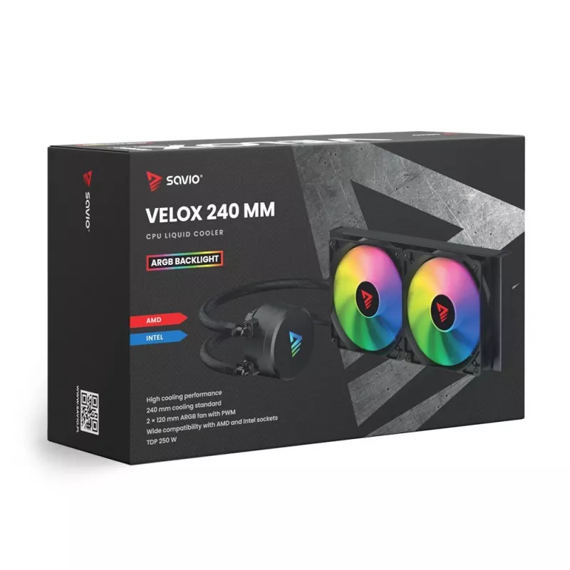 Skysčio aušinimo rinkinys SAVIO VELOX 240 mm juodas — 240 mm radiatorius, 205×450 mm, 2 ventiliatoriai, TDP 250 W