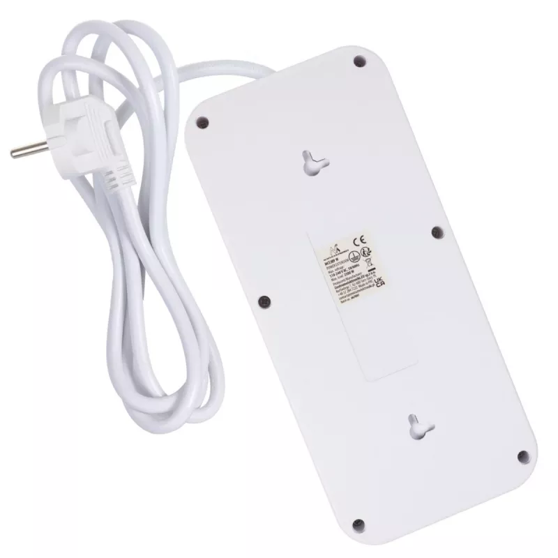 Maitinimo lizdų blokas MACLEAN MCE389 W — 6 lizdai, 4×USB-A, 1×USB-C, 2500 W, 110–240 V, 1,5 m laidas, baltas