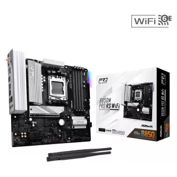 ASRock B850M Pro RS WiFi pagrindinė plokštė — AMD B850, Socket AM5, microATX, DDR5, 4 DIMM, 256GB, Wi‑Fi 6E, 2.5Gb LAN, 3x M.2