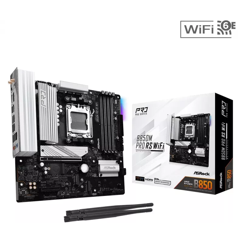 ASRock B850M Pro RS WiFi pagrindinė plokštė — AMD B850, Socket AM5, microATX, DDR5, 4 DIMM, 256GB, Wi‑Fi 6E, 2.5Gb LAN, 3x M.2