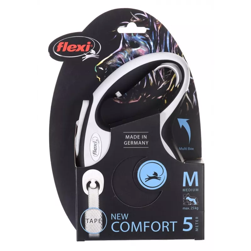 Ištraukiamas pavadėlis Flexi New Comfort M Tape 5 m Juoda — juostinis ištraukiamas pavadėlis, dydis M, maks. apkrova 25 kg, svoris 300 g