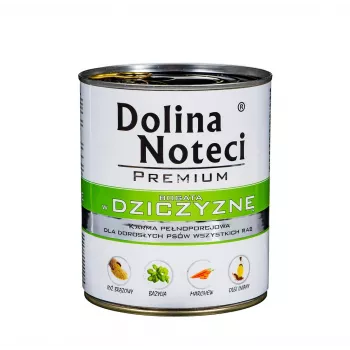 Šlapias suaugusių šunų maistas dolina noteci Premium su elniena (šerniena) 800 g, skardinė, 12% baltymų, 7% riebalų