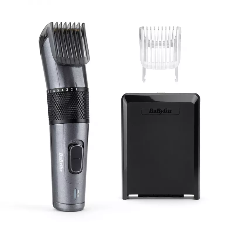 Plaukų kirpimo mašinėlė BABYLISS E976E — belaidė įkraunama, 26 ilgio pakopų, 0,5 mm–25 mm, 40 mm peiliai, titano / nerūdijančio plieno peiliai, 60 min veikimo laikas