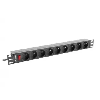 Maitinimo paskirstymo įrenginys LANBERG PDU-09E-0300-BK — 9x E tipo lizdai, 16 A, 220–250 V, 3 m laidas, 1U stovas, 19 colių