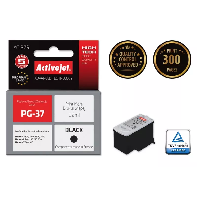 Rašalo kasetė ActiveJet AC-37R suderinamas pakaitalas Canon PG-37, juoda, 12 ml, didelės talpos, pigmentinis rašalas