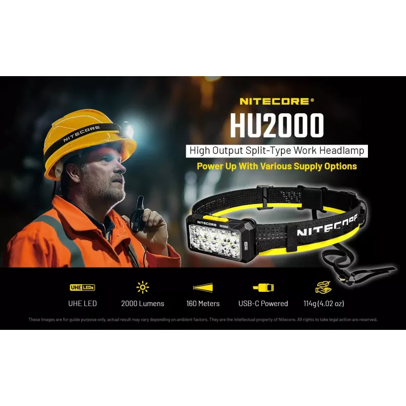 Ant galvos dedamas žibintuvėlis Nitecore HU2000, 10 šviesos diodų, USB įkraunama ličio jonų baterija, aliuminis+polikarbonatas, IP68 atsparus vandeniui