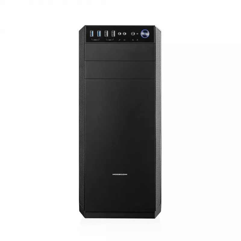 PC Case MODECOM Oberon Pro Midi Tower — juoda, palaiko ATX/microATX/ITX, 7 išplėtimo lizdai, iki 395 mm GPU, 5 HDD/3 SSD vietos