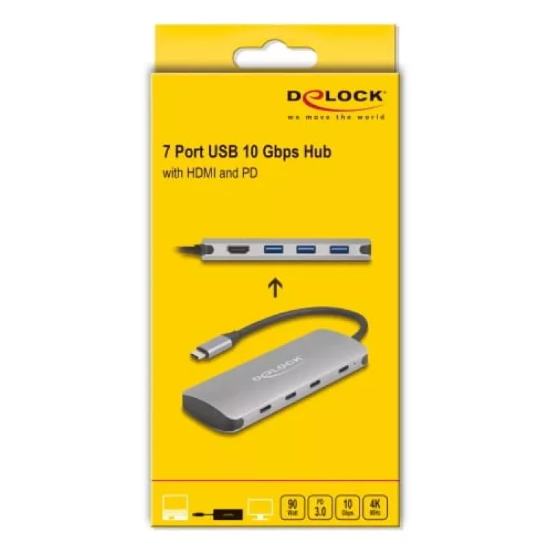 USB-C šakotuvas DELOCK 64323 — USB 3.2 Gen 2 Type-C priegloba, HDMI + 2× USB-A + 2× USB-C, 10 Gbit/s, pilkas
