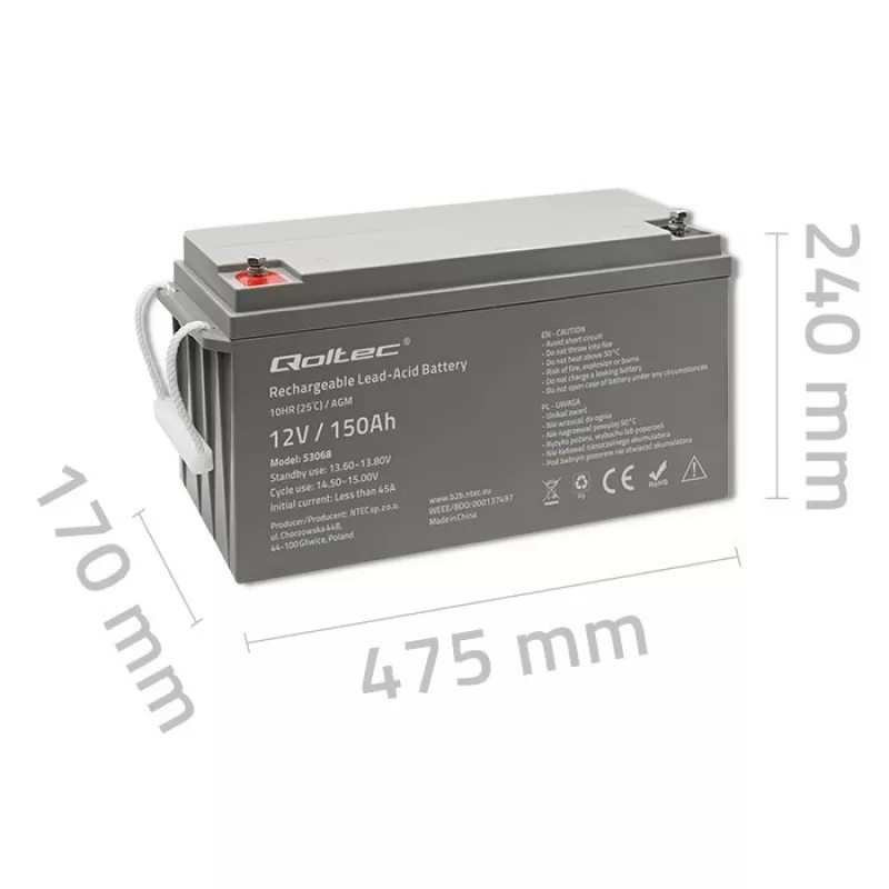 Qoltec 53068 AGM akumuliatorius | 12V | 150Ah | maks. 2250A