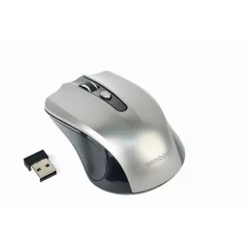 Belaidė pelė GEMBIRD MUSW-4B-04-BG — dešiniarankiams, optinė 1600 DPI, 4 mygtukai, RF belaidė, juoda/pilka
