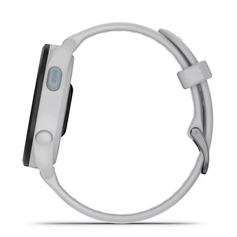 Išmanusis laikrodis GARMIN Forerunner 165 — GPS, AMOLED 1,2 colio, 4 GB, 5 ATM, 11 dienų baterija, pilkas korpusas, baltas dirželis
