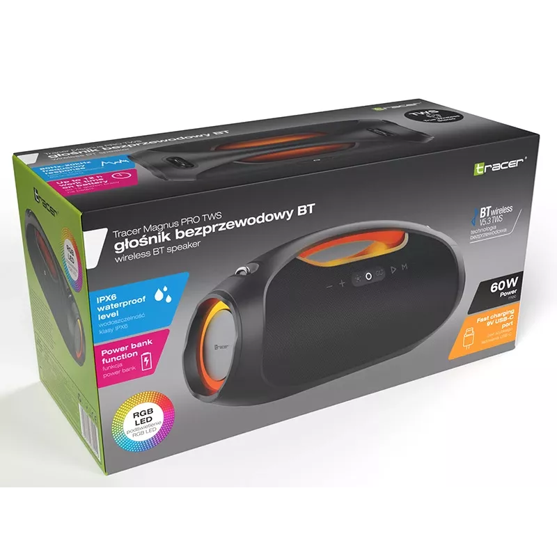 Stereo nešiojamasis garsiakalbis TRACER TRAGLO47226 — belaidis Bluetooth 5.3, 60 W RMS, 12 val. baterija, juodas
