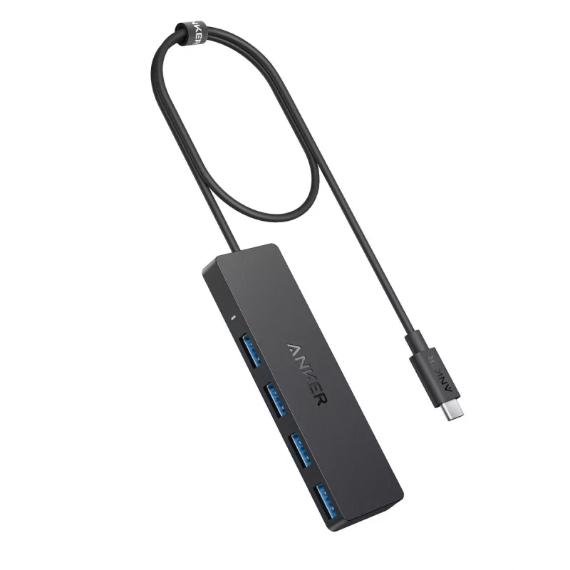 USB stotelė Anker Ultra plonas A8309G11 — USB Type-C sąsaja, 3× USB 3.2 Gen 1 Type-A, kompaktiška 103×30×10 mm, juoda