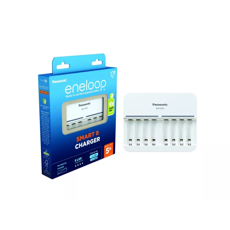 Vidaus akumuliatorių įkroviklis Panasonic BQ-CC63 — įkrauna 8 AA/AAA, 100–240 V, baltas