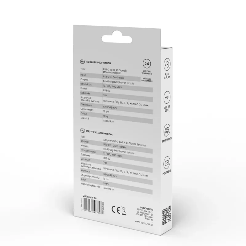 SAVIO Adapter USB-C 3.1 Gen.1 (M) į RJ-45 Gigabit Ethernet (F), 1000 Mbps, AK-56, pilka