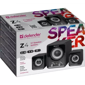 DEFENDER Z4 laidinės 2.1 kolonėlės, 11 W RMS, juodos, USB 5V maitinimas, 3,5 mm ausinių išvestis