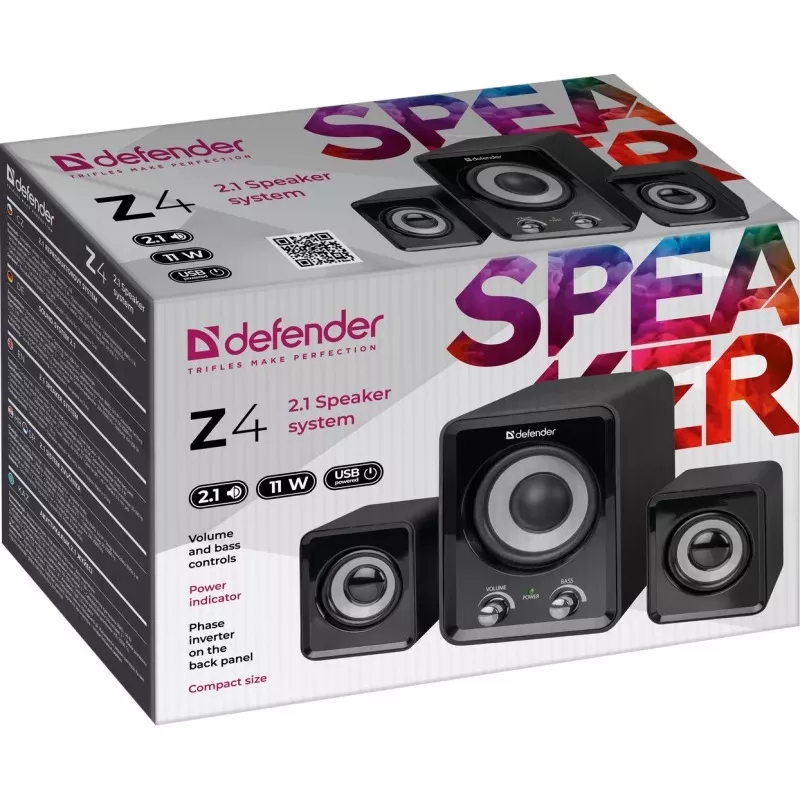 DEFENDER Z4 laidinės 2.1 kolonėlės, 11 W RMS, juodos, USB 5V maitinimas, 3,5 mm ausinių išvestis