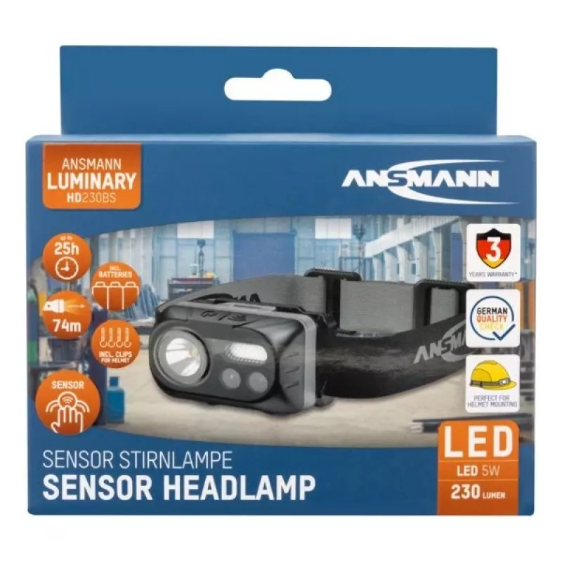 LED priekinis žibintas ANSMANN ANS 1600-0386 — maitinamas baterijomis, kompaktiška laisvų rankų šviesa