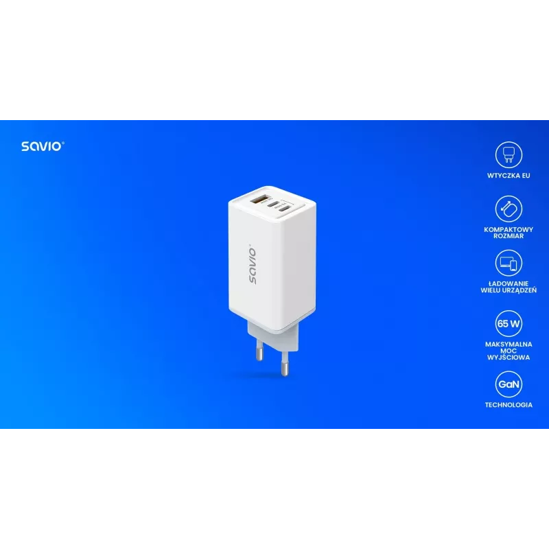 SAVIO LA-07 GaN 65W mains charger, USB, QC4.0+, PD 3.0, Balta