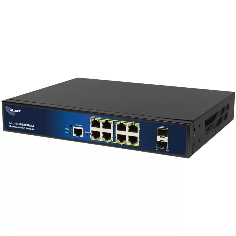 Valdomas 10 prievadų PoE komutatorius ALLNET ALL-SG8610PMJ su 8 PoE+ prievadais ir 2 aukštynkrypčiais prievadais