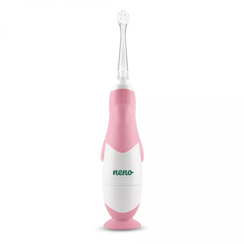 Elektrinis dantų šepetėlis vaikams neno Denti Pink — vibruojantis, minkšti šereliai, AAA baterija, 2 min. laikmatis