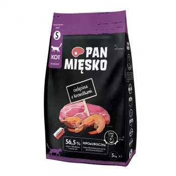Pan Mięsko sausas kačių maistas su veršiena ir krevetėmis, mažų veislių suaugusiems, 5 kg, baltymų 39 %, riebalų 16 %
