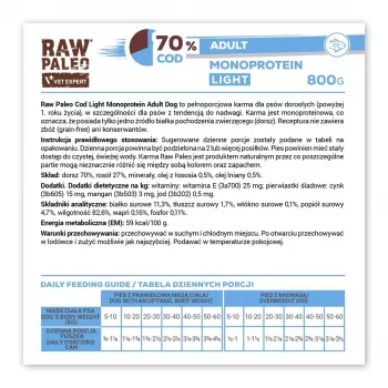 Šlapias šunų maistas VETEXPERT Raw Paleo Cod Light Adult 800 g — konservuotas, žuvies skonio, 11,3% baltymų, 1,7% riebalų