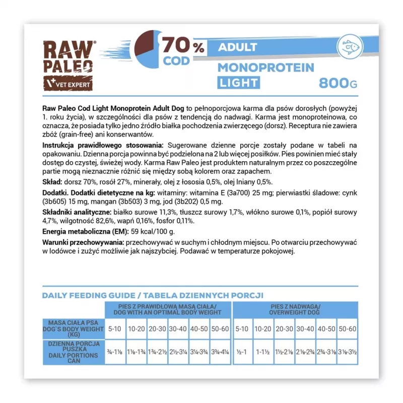 Šlapias šunų maistas VETEXPERT Raw Paleo Cod Light Adult 800 g — konservuotas, žuvies skonio, 11,3% baltymų, 1,7% riebalų