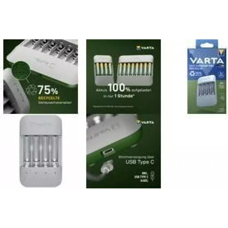 Baterijų įkroviklis Varta Eco Charger Pro — USB, NiMH, įkrauna 4 AA/AAA, 1 val., pilkas