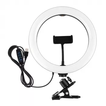 LED žiedinė lemputė 26 cm su telefono laikikliu ir spaustuku, USB