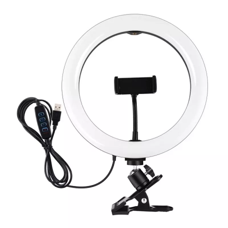 LED žiedinė lemputė 26 cm su telefono laikikliu ir spaustuku, USB