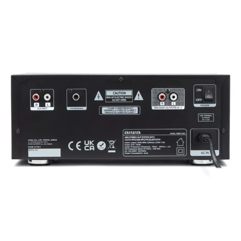 Namų garso mikro sistema Aiwa MSBTU-550 — 50 W RMS, Bluetooth 10 m, FM, LED ekranas, RCA, juoda