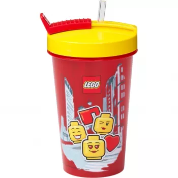 Puodelis su šiaudeliu Room Copenhagen LEGO Iconic Girl ryškiai raudonas 500 ml (raudona/geltona)