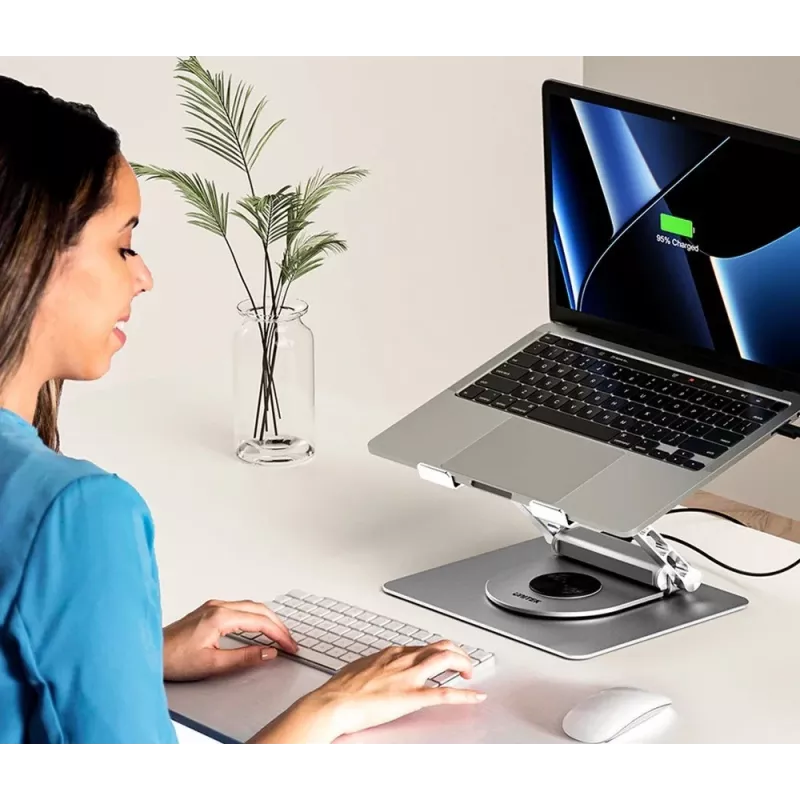 Nešiojamojo kompiuterio stovas Unitek D1109B01 — aliuminis reguliuojamas stovas su nuimamu USB‑C HDMI 4K PD 100W moduliu, iki 17 colių