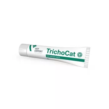 Gelio papildas katėms VETEXPERT TrichoCat 120 g — pasta, skirta apsaugoti nuo plaukų gumulų susidarymo, be cukraus, be glitimo