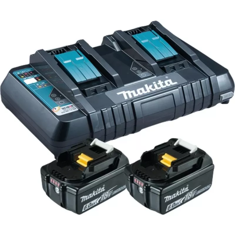 Makita DC18RD – akumuliatorių įkroviklis + 2 x akumuliatorius – Li-Ion – 6 Ah – 108 Wh – 2 x akumuliatoriaus įkrovimas