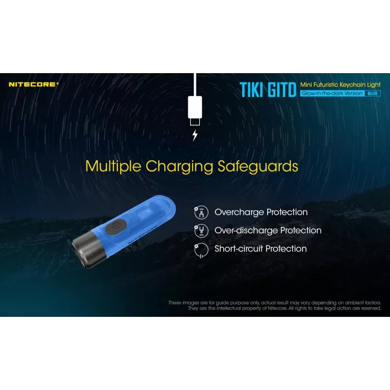 Raktų pakabuko žibintuvėlis Nitecore TIKI GITD BLUE — pilkas, USB įkraunamas, 1 lm, 55 mm, 12 g, IP66, atsparus smūgiams