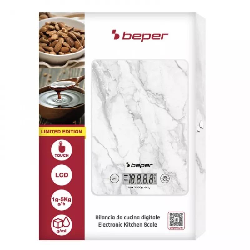 Virtuvinės svarstyklės Beper P102BIL004 - skaitmeninės, 5 kg, 1 g, baltas marmuras
