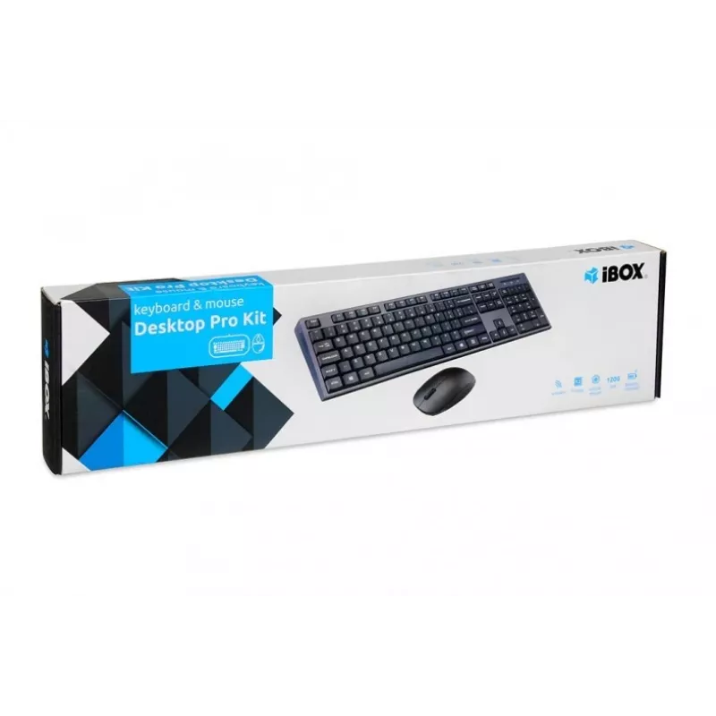 IBOX Desktop Kit Pro belaidė klaviatūra ir pelė, QWERTY viso dydžio 104 klavišai, 2,4 GHz, 1200 DPI, juoda