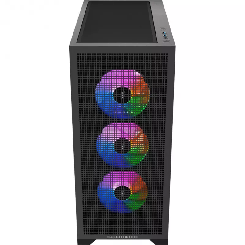 PC korpusas Silentware Core 100 A-RGB Juoda — modelis CORE100Juoda, A-RGB apšvietimas, vidutinio bokšto formos faktorius