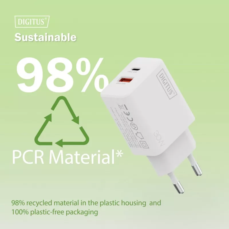 AC vidaus USB GaN įkroviklis DIGITUS DA-10301 — 30W, 1× USB-C, 1× USB-A, 100–240V, balta